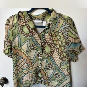 Alfred Dunner Patterned Button Down Shirt - Green and Brown